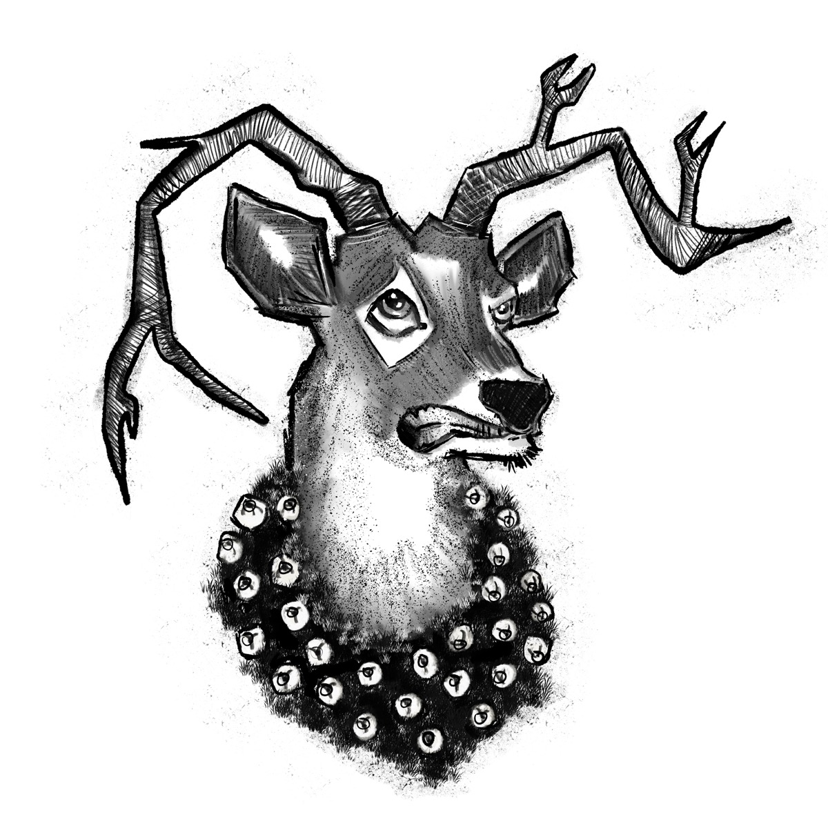 Black-and-white illustration of a reindeer wearing a wreath of bells
